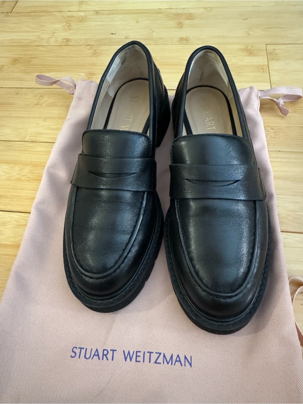 Stuart Weitzman Women’s Black Leather Penny Loafers